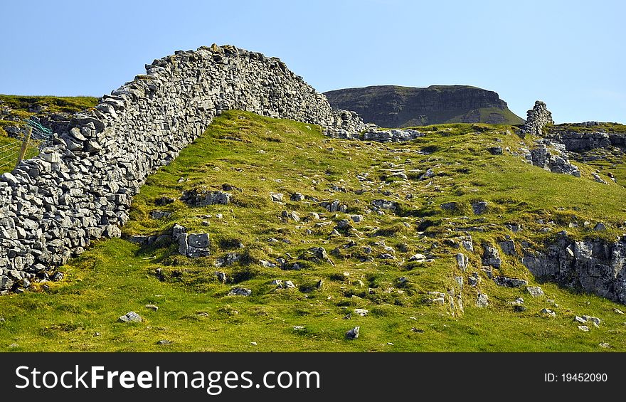 English Countryside Landscape: Hill, Drywall Fence