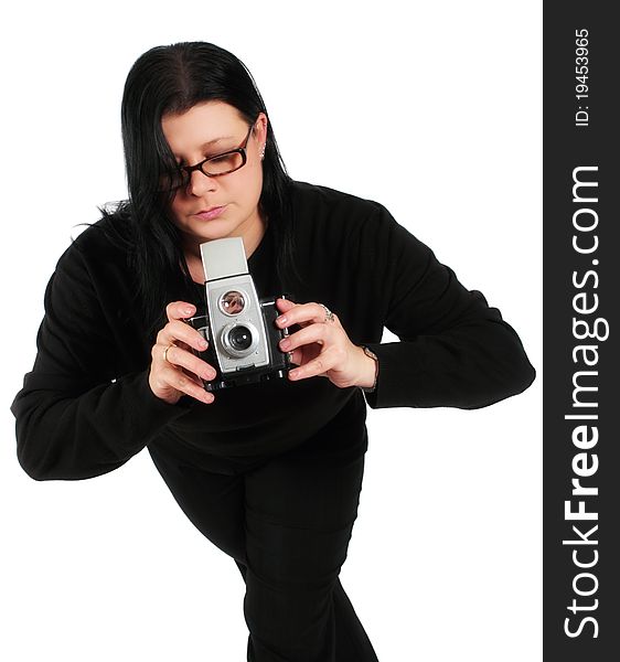 Woman Wearing Black Taking Picture With Old Camera