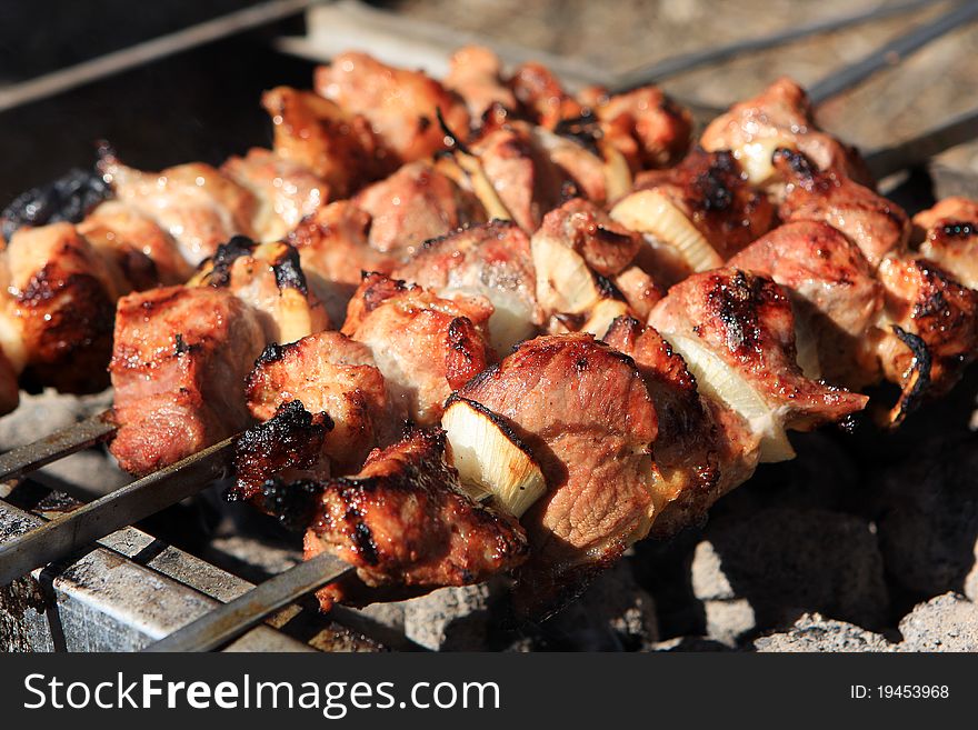 Home made sashlik cooking on the barbecue grill