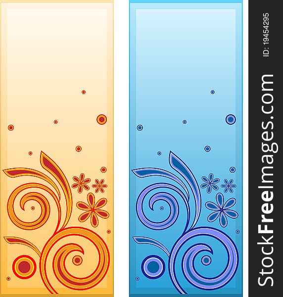 Two vertical label with floral swirl warm and cold colors. Two vertical label with floral swirl warm and cold colors