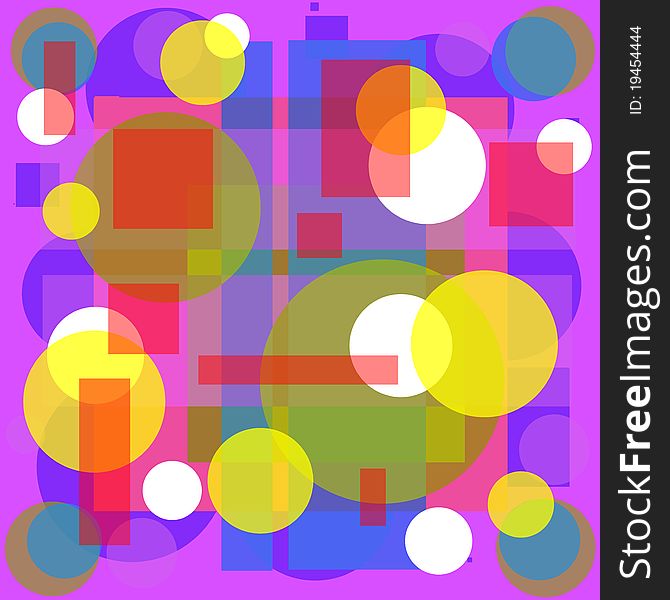 Colored translucent circles, squares and rectangles on several layers, one on top of the other thus producing different shades and tones of color. Colored translucent circles, squares and rectangles on several layers, one on top of the other thus producing different shades and tones of color.