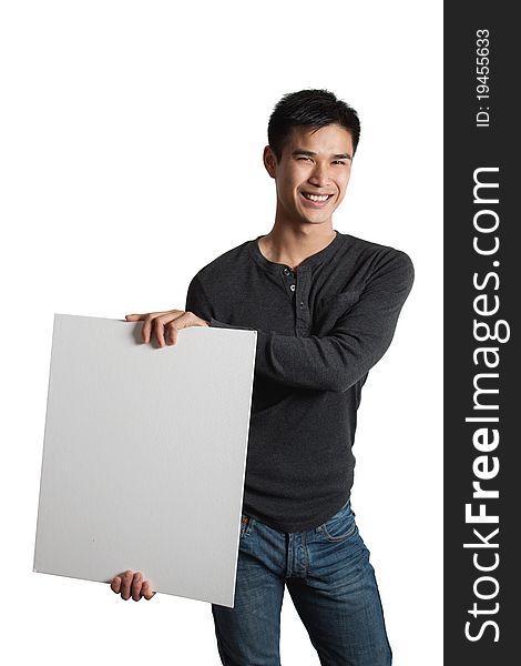 Man holding white sign while standing on white background