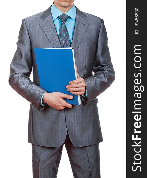 Elegant businessman is holding folders with paperwork isolated on white. Elegant businessman is holding folders with paperwork isolated on white