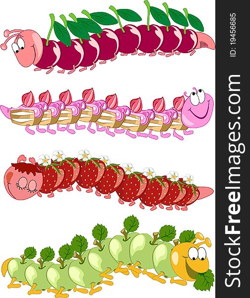 Several funny cartoon caterpillars, consisting of fruits and sweets.
