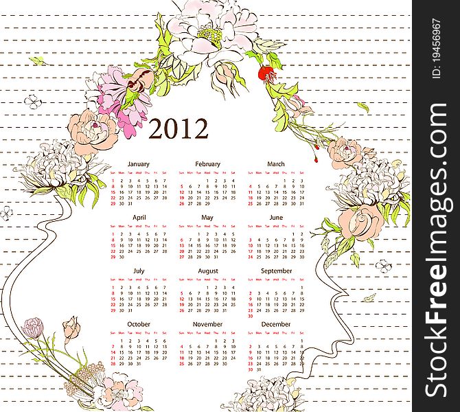 Template for calendar 2012 with flowers