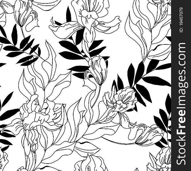 Monochrome seamless pattern with iris flowers