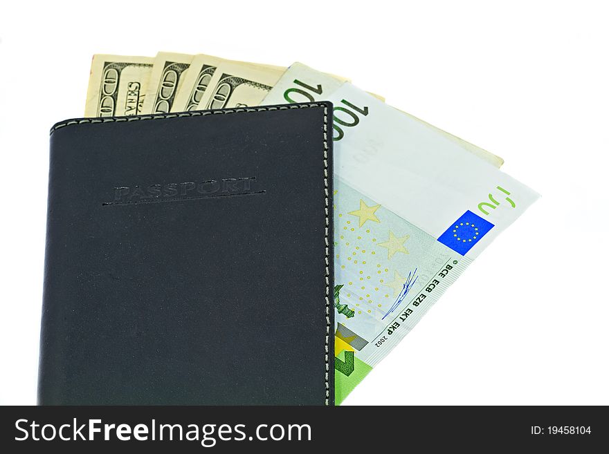 Passport and money, a travelers essential kit, isolated on white background. Passport and money, a travelers essential kit, isolated on white background