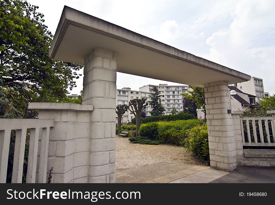 an entrance to modern apartments in the French suburbs. an entrance to modern apartments in the French suburbs