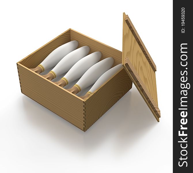 Cigarette bombs in tidy rows in wooden package on white background. Cigarette bombs in tidy rows in wooden package on white background