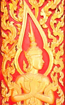 Golden Wood Carving Traditional Thai Style Stock Photo