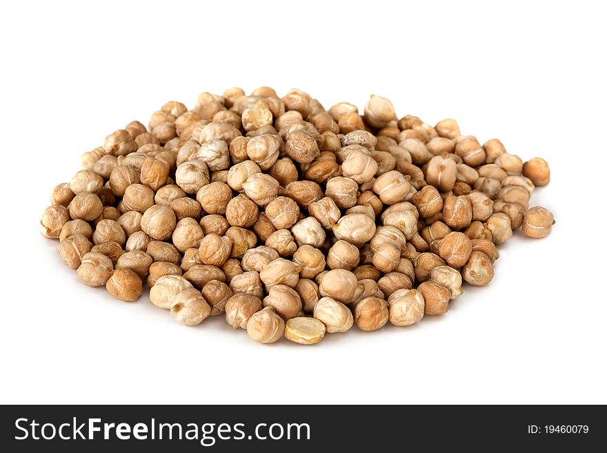 Chick peas in a pile, over white background.