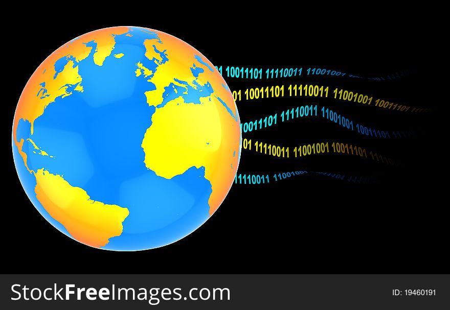 Abstract 3d illustration of earth with binary code, internet concept. Abstract 3d illustration of earth with binary code, internet concept