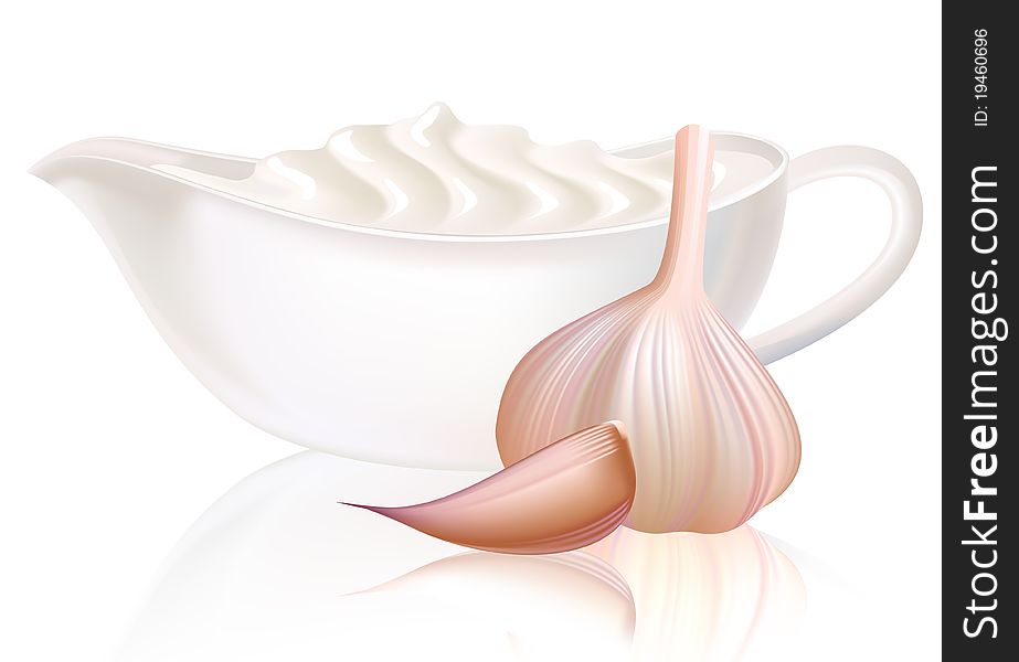 Sour cream and garlic. Illustration on white background.