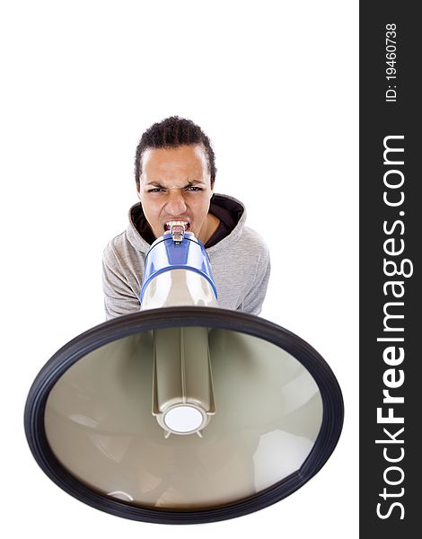 Dark-skinned young African shouts angrily in megaphone.Isolated on white background. Dark-skinned young African shouts angrily in megaphone.Isolated on white background.