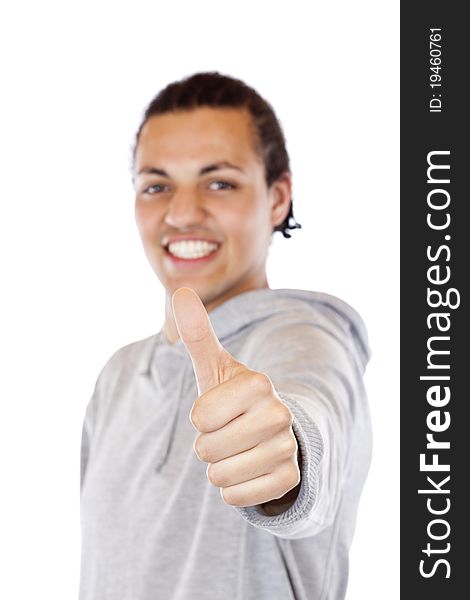 Cheerful Black Coloured African Holds Thumb Up