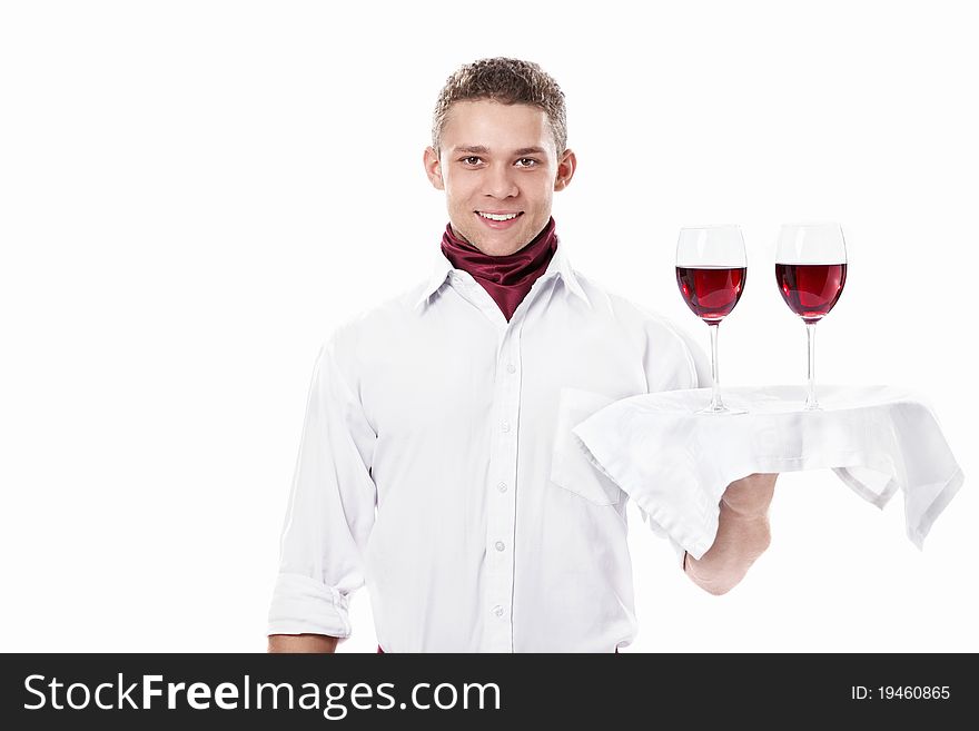 A young attractive waitress on a white background. A young attractive waitress on a white background