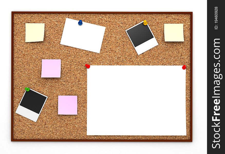 Corkboard with paper sticker. Computer generated image