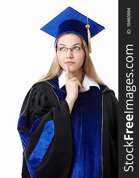 Student in the mantle of thought on a white background. Student in the mantle of thought on a white background