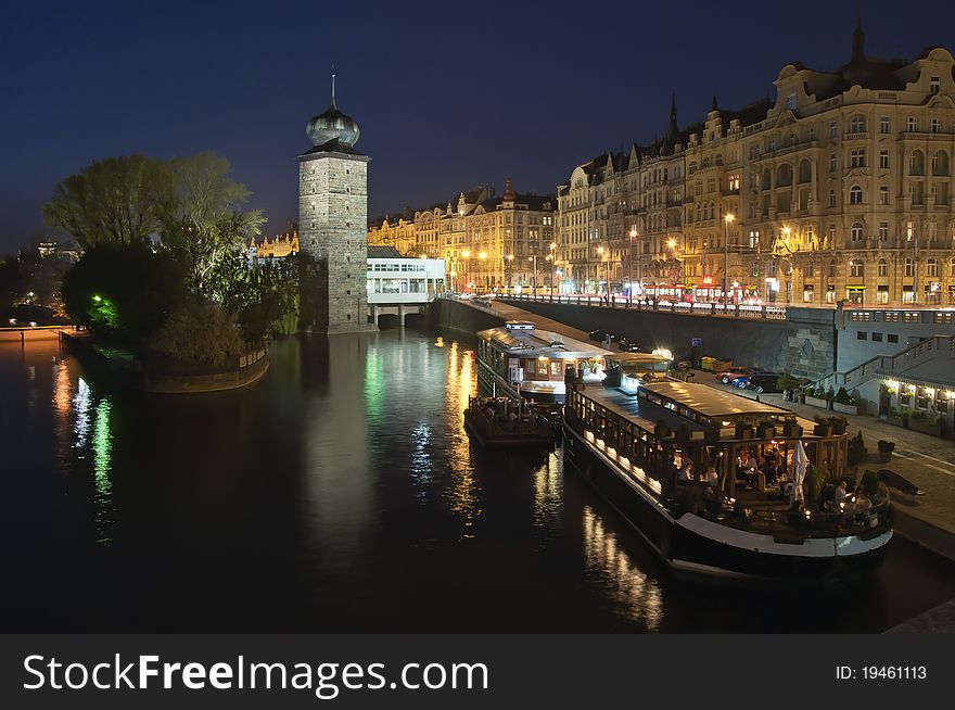 Prague night scene. Vltava river. Prague night scene. Vltava river.