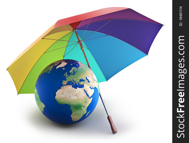 Planet earth under rainbow umbrella (3d render), isolated on white. Planet earth under rainbow umbrella (3d render), isolated on white