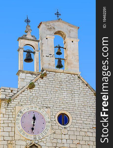Bell tower with clock, Church of St. Barbara at Sibenik, Croatia