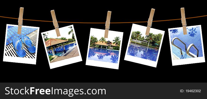 Vacation pool photography on clothespins isolated on black background