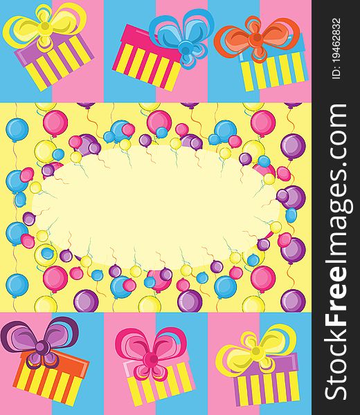 Greeting card with gifts and balloons. Greeting card with gifts and balloons