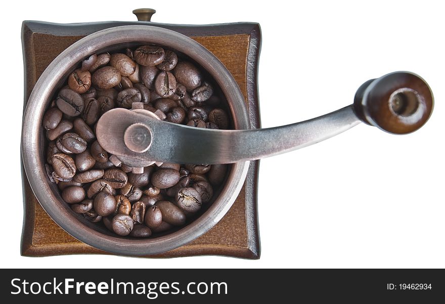 Coffee grinder top view on white background