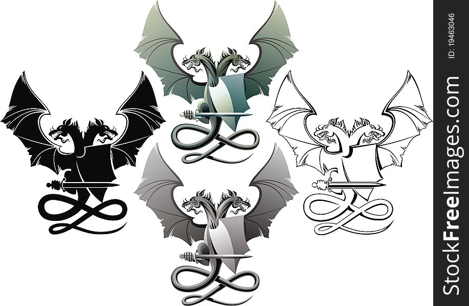 Heraldic composition with dragon, badge and sword. Heraldic composition with dragon, badge and sword.