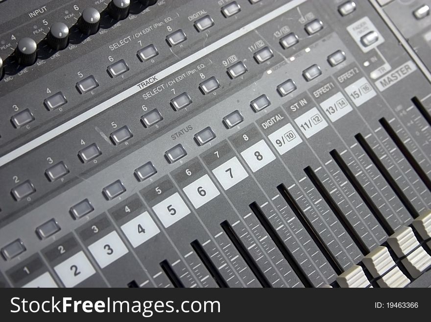 The mixer board of a digital sequencer, type Roland VS 1680.