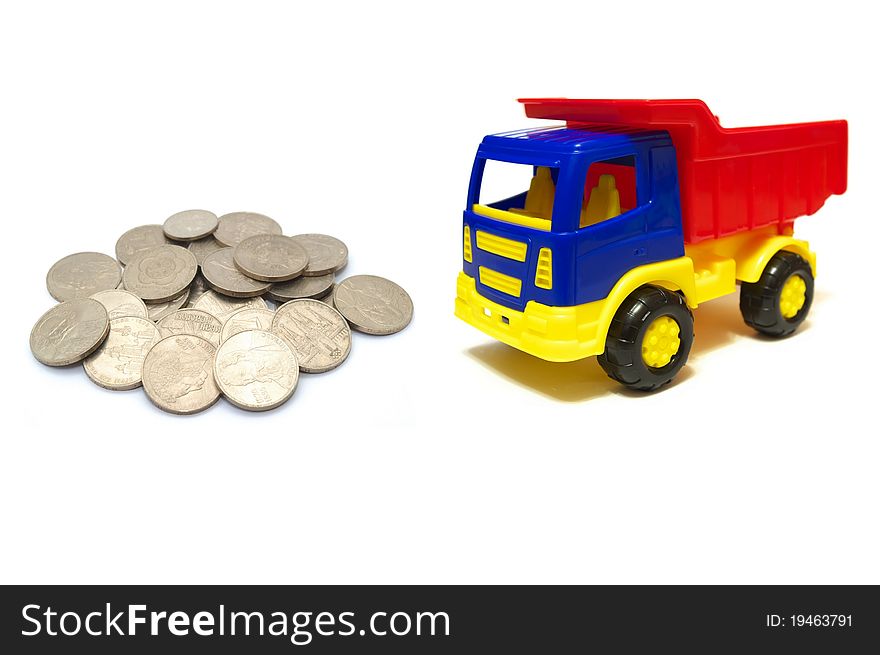 Photo of the Money and truck on white background. Photo of the Money and truck on white background