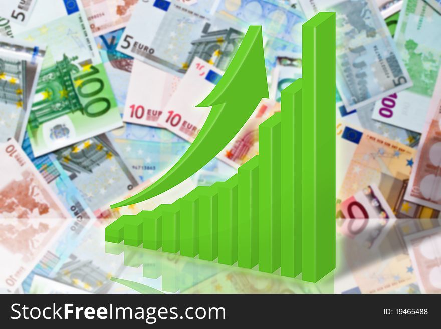 Illustration, green graph and arrow on background euro