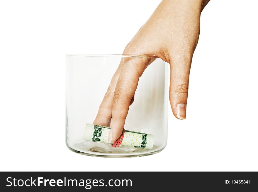 Hand put money in bank. Save money. Isolated on white.