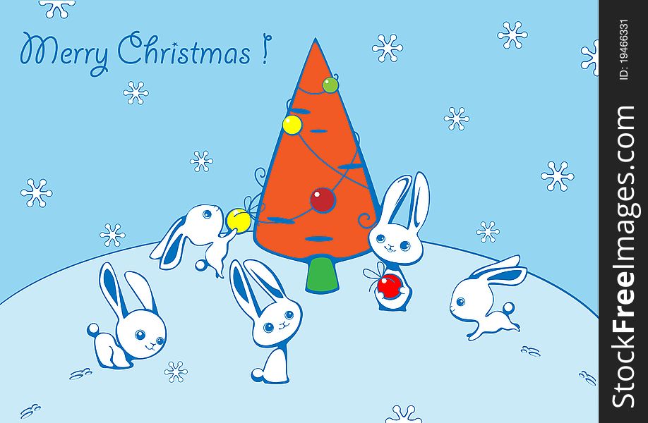 Christmas card with hares and a fur-tree from carrots