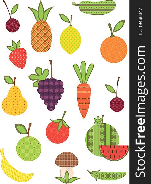 Fruit and vegetable collection, stylized. Fruit and vegetable collection, stylized