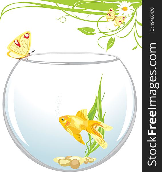 Goldfish and butterfly sitting on an aquarium. Spring composition. Illustration