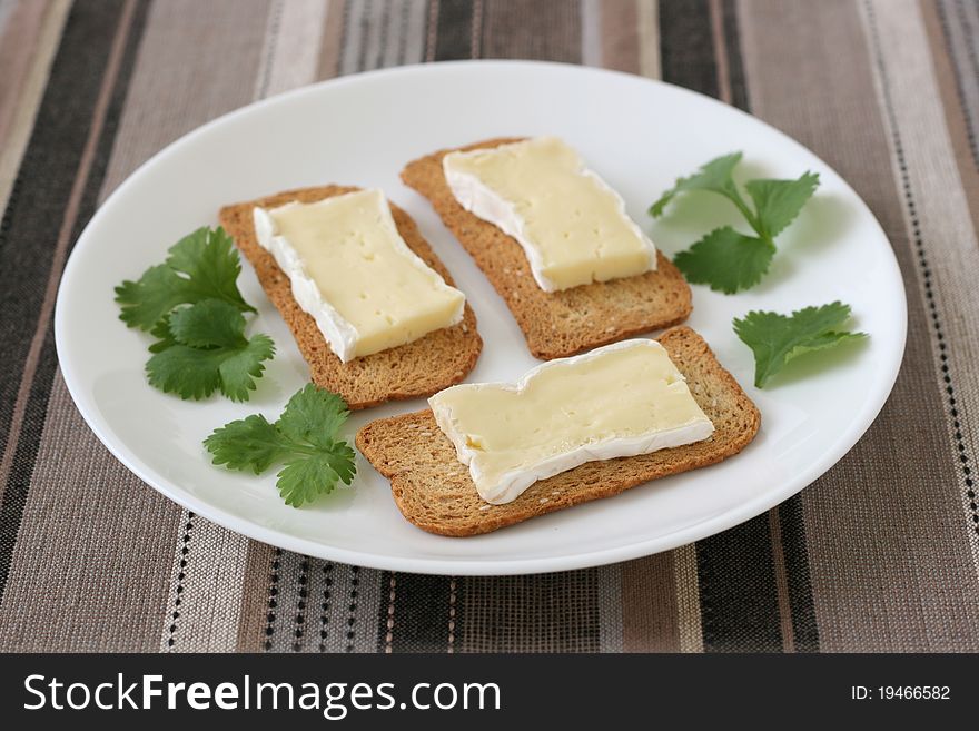 Toasts with cheese camembert on a plate