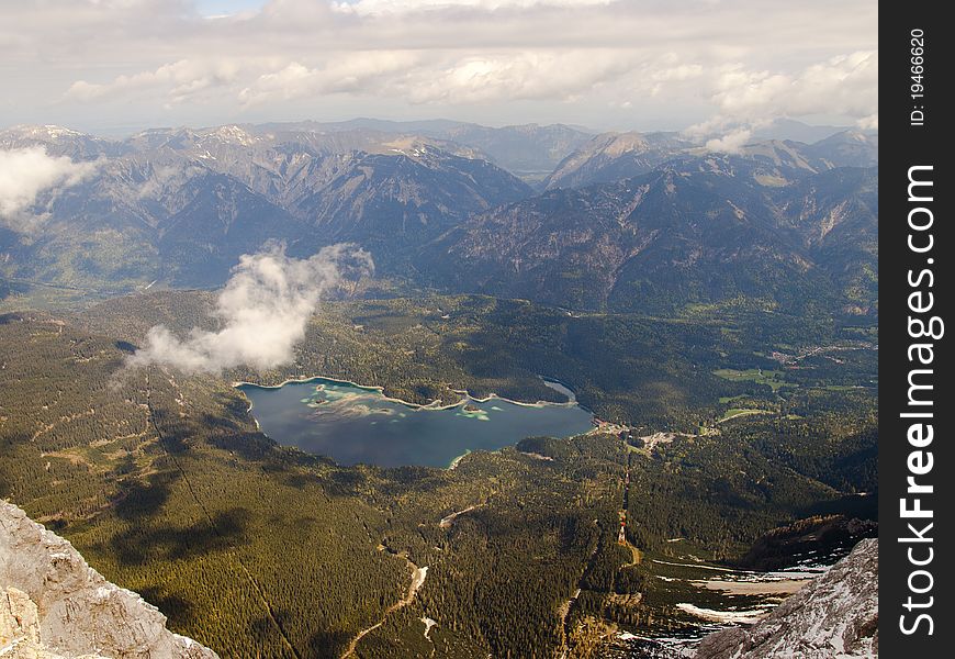 Panorama of the German Alps, view of lake Eibsee