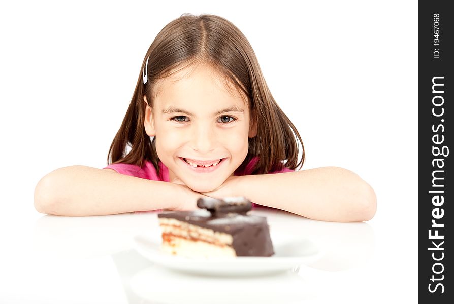 Little girl with chocolate cake isolated on white