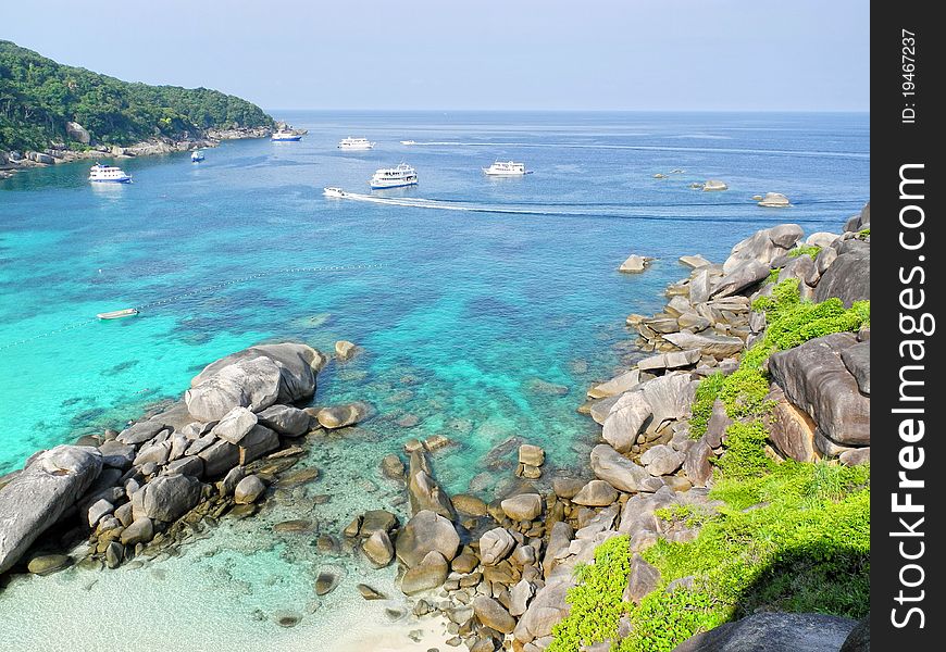 Beach and seascape with ships and speed boat in thailand similan island. Beach and seascape with ships and speed boat in thailand similan island