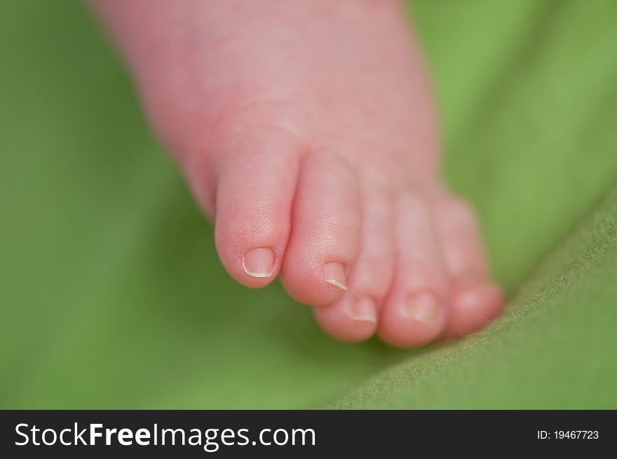 Newborn leg on green sheet