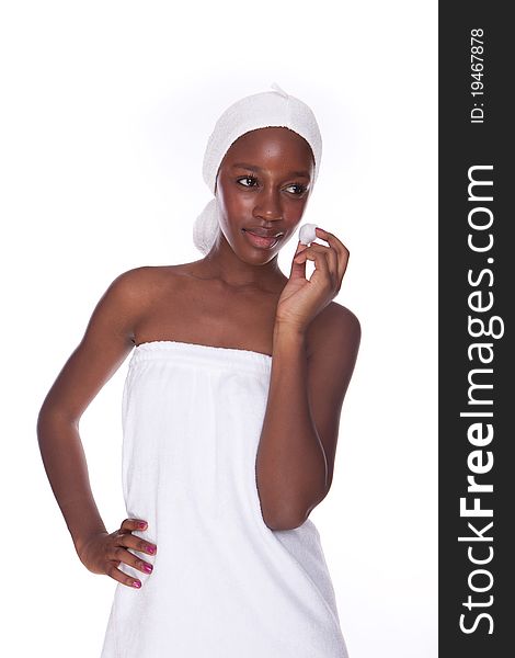 Black beauty woman after shower cleaning and beauty treatments. Black beauty woman after shower cleaning and beauty treatments