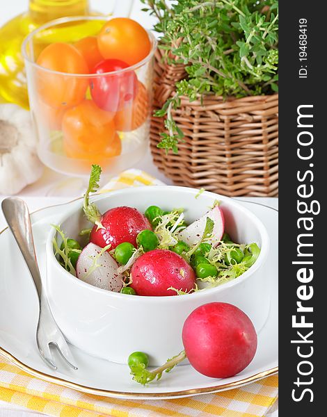 Fresh salad with garden radish, endive and green peas. Fresh salad with garden radish, endive and green peas.