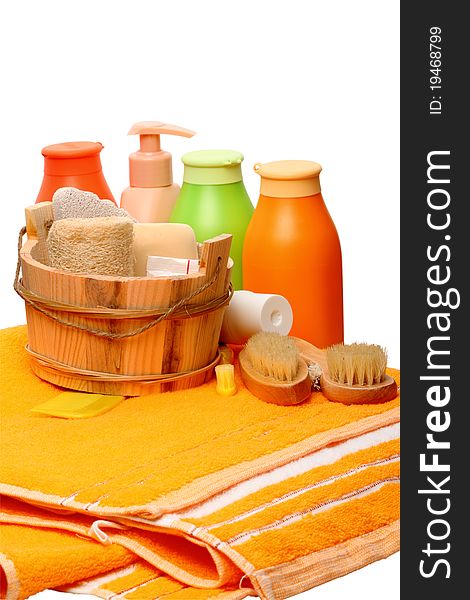 Accessories to a sauna- soft towels, gel, shampoo, wooden bucket, brush, tooth-brush, sponge and pumice