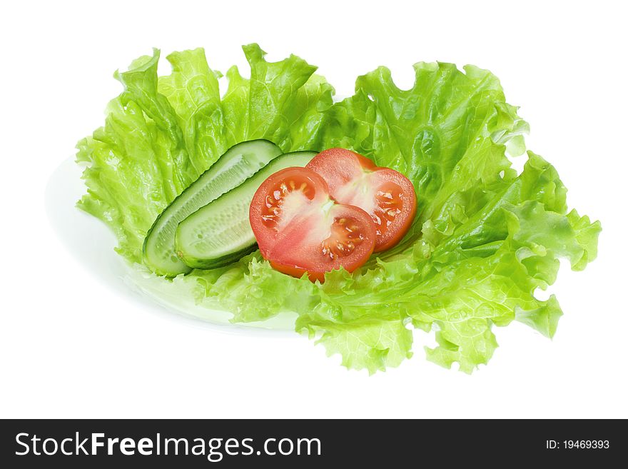 Tomato, cucumber and lettuce on a white background