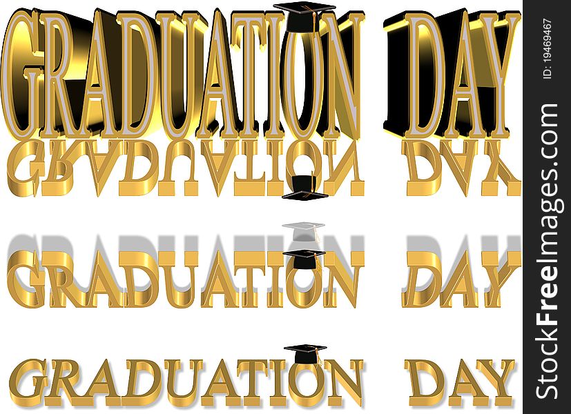 3d graduation day text on white in 3d gold with reflections and mortar boards on the 0. 3d graduation day text on white in 3d gold with reflections and mortar boards on the 0