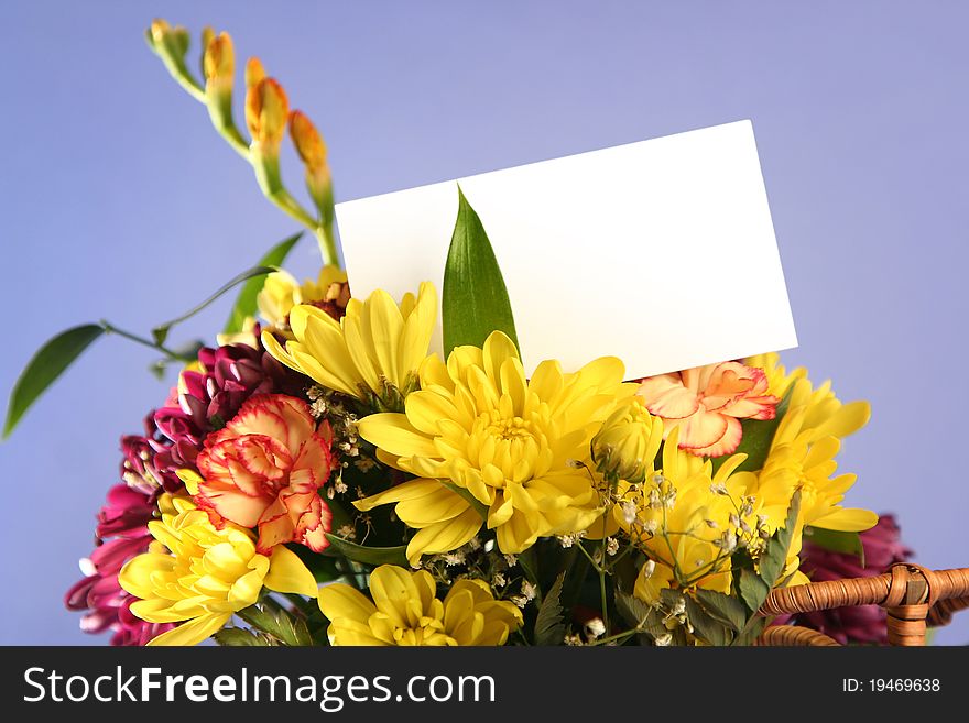 Bright flowers with card on blue