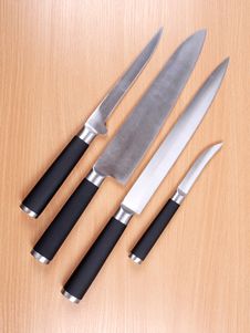 Set Kitchen Knives On Wood Royalty Free Stock Image