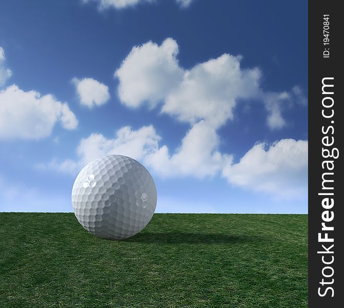 Golf ball on green fairway with puffy clouds in clear blue sky. Golf ball on green fairway with puffy clouds in clear blue sky