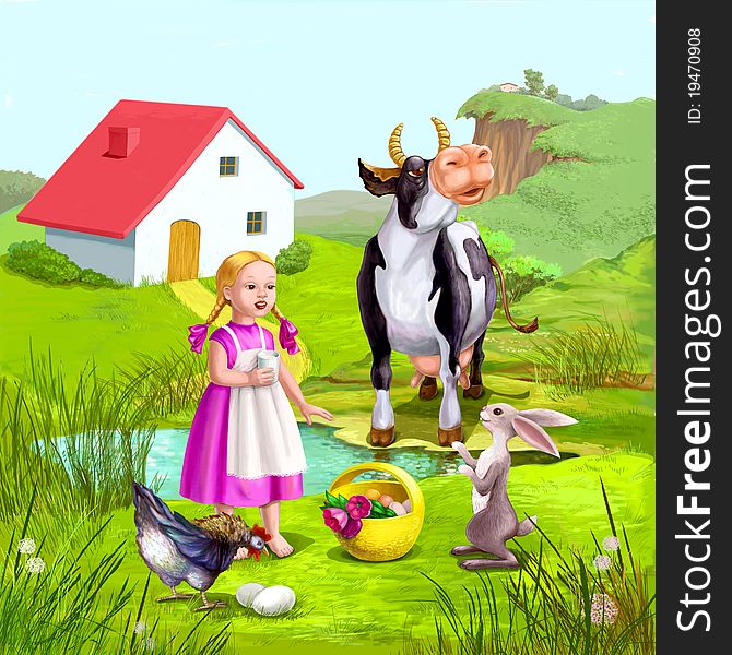 Little girl on the village, cow, hen, hare and girl